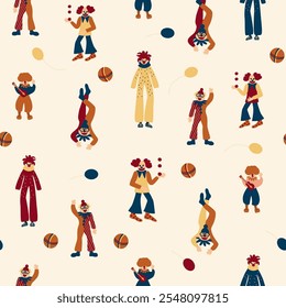 Colorful circus background, funny clowns, jugglers, acrobats, cheerful carnival with balloons and confetti. Seamless pattern, hand drawn