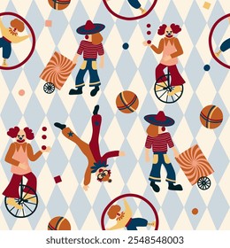 Colorful circus background, funny clowns, jugglers, acrobats, cheerful carnival with balloons and confetti. Seamless pattern, hand drawn