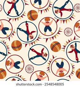 Colorful circus background, funny clowns, jugglers, acrobats, cheerful carnival with balloons and confetti. Seamless pattern, hand drawn