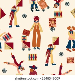 Colorful circus background, funny clowns, jugglers, acrobats, cheerful carnival with balloons and confetti. Seamless pattern, hand drawn