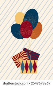 Colorful circus background, funny clowns, jugglers, acrobats, cheerful carnival with balloons and confetti. Card, poster, pattern, hand drawn