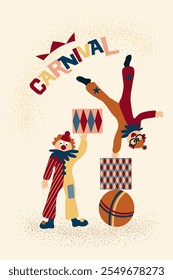 Colorful circus background, funny clowns, jugglers, acrobats, cheerful carnival with balloons and confetti. Card, poster, pattern, hand drawn