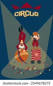 Colorful circus background, funny clowns, jugglers, acrobats, cheerful carnival with balloons and confetti. Card, poster, pattern, hand drawn