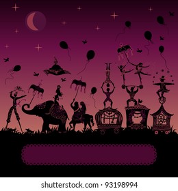 colorful circus caravan by night with magician, elephant, dancer, acrobat, mermaid and other fun characters