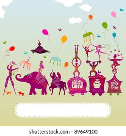 colorful circus caravan with magician, elephant, dancer, acrobat, mermaid and other fun characters