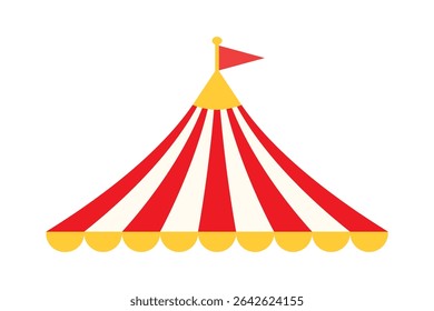 Colorful circus carnival tent top icon with red and yellow stripes and flag. Clipart image isolated on background.