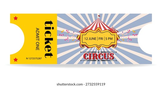 Vector colorido del boleto del acontecimiento del circo con amarillo admite un panel, tipografía de Vertical atrevida y número de serie