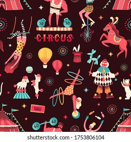 Colorful circus performers demonstrate tricks seamless pattern. Funny clown, strongman, acrobats, trained animals, trapeze artist, hooper and juggling unicyclist vector flat illustration