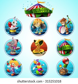 Conjunto de circo colorido con diferentes animales y carácter