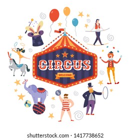 Colorful circus sign with text, tent and ribbon in retro style. Funny circus artists and animals. Vector illustration.