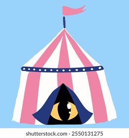 Colorful circus tent with an eye looking out of its entrance,hand drawn cute minimalistic vector illustration,show invitation design element.