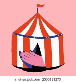 Colorful circus tent with hand opening the entrance,hand drawn cute minimalistic vector illustration.