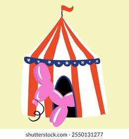 Colorful circus tent with a pink balloon animal dog in front during a festive fair atmosphere,vector minimalistic illustration