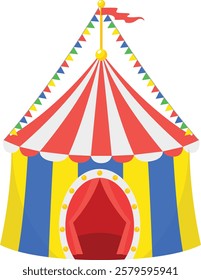 Colorful circus tent with red entrance. Perfect for carnival posters, party invitations, and childrens event decorations. Vibrant and festive.