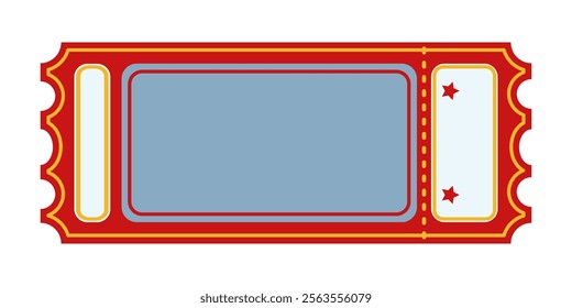 Colorful Circus Ticket Graphic. Red and yellow rectangular retro ticket template with blank space and perforated edges. Event admission concept for circus, carnival, theater, cinema, casino, club.