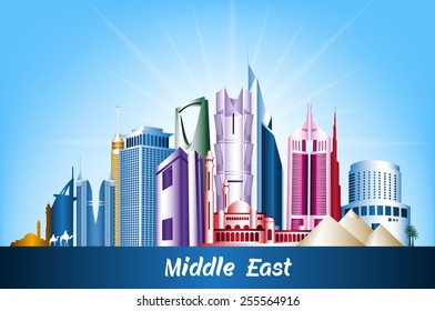 Colorful Cities and Famous Buildings in Middle East. Editable Vector Illustration