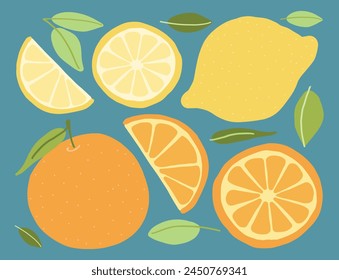 Coloridas ilustraciones de cítricos y hojas en azul, con naranjas y limones enteros y cortados en rodajas en un diseño limpio y plano.