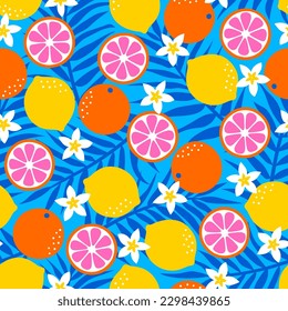 Colorful citrus fruit, palm leaf and flower seamless pattern for summer holidays background.