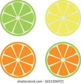 Colorful citrus fruit slices arranged in a 2x2 grid, featuring lime, lemon, and orange segments with vibrant rinds; symbolizes freshness, summer, and healthy eating.