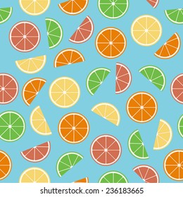 Colorful citrus seamless pattern. Geometric citrus: lemon, lime, grapefruit, orange. Flat seamless texture. Colorful fruit in a flat style