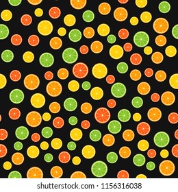 Colorful citrus seamless pattern. Slices of orange, lime, lemon, grapefruit on black background. Fresh juicy fruits vector illustration in flat style. Easy to edit template for gift wrap or fabric.