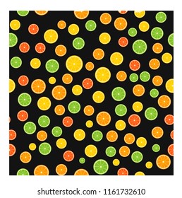 Colorful citrus seamless pattern. Slices of orange, lime, lemon, grapefruit on black background. Fresh juicy fruits vector illustration. Easy to edit template for package, fabric and restaurant menu.