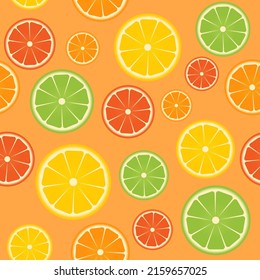 Farbiges, nahtloses Zitrusmuster. Limonen, Zitronen, Pampelmusen auf orangefarbenem Hintergrund. Frische saftige Früchte. Vektorvorlage für Verpackungspapier, Gewebe, Textilien, Tapeten, Scrapbooking usw.
