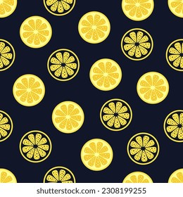 colorful citrus seamless pattern, slices of lemon on black background, fresh juicy fruits vector illustration in flat style