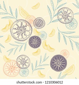 Colorful citrus vector seamless pattern with fruits, lime, orange, mandarin slices and leaves.