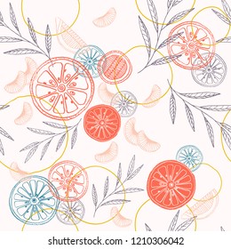 Colorful citrus vector seamless pattern with fruits, lime, orange, mandarin slices and leaves.