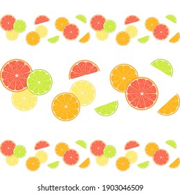 Colorful citruses, lemon, grapefruit, orange and lime on a white. Seamless horizontal border for packaging, wrapper, flyer, border tape for confectionery products, printing on textile, ribbon and menu