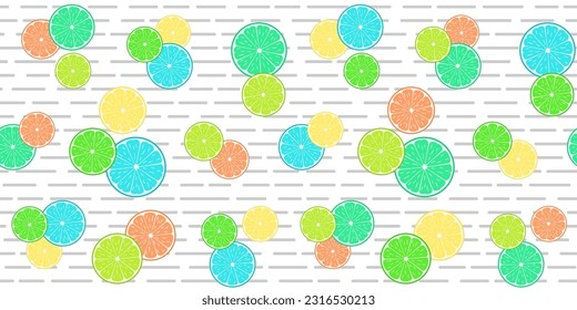 Colorful citruses, lemon, orange and lime slices on a white background with grey stripes. Abstract endless texture with multicolored citrus fruits. Vector seamless pattern for wrapping paper, giftwrap