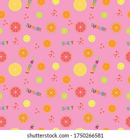 colorful citruses seamless pattern, brigth vector illustration with text sweet summer lemonade, modern fresh print of healthy fruit