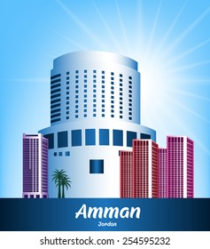 Colorful City of Amman Jordan Famous Buildings. Editable Vector Illustration