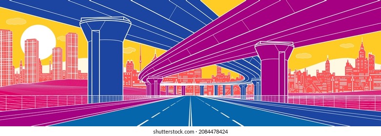 Colorful city architecture and infrastructure illustration, automotive overpass, big bridges, urban scene. Night town. Large highway. White outlines on color background. Vector design art