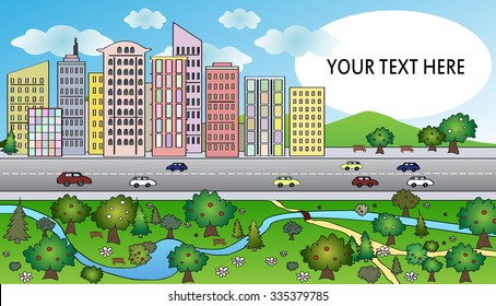 Colorful city background with cartoon buildings, park and road with cars. Panorama of comfort and ecologic place for leaving. City landscape.