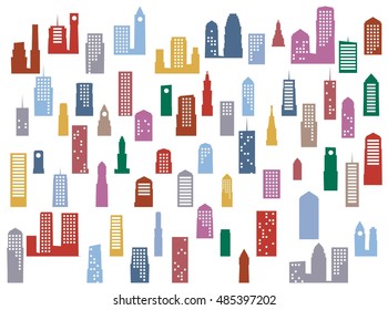 Colorful City Background With Different Modern Coloured Buildings In A Seamless Pattern