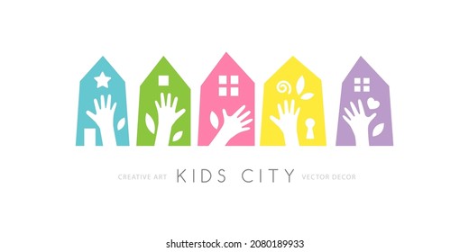 Colorful city with children hands up. Horizontal creative divider. Kids club, preschool, playground conceptual vector illustration.