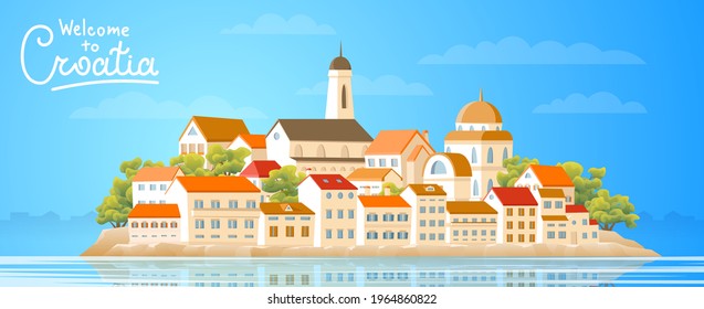 Colorful city in Croatia. Architecture of old city on horizontal banner.