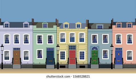 Colorful city house facades on a sunny street.