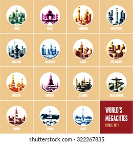 colorful city icons, modern flat style travel destinations icons, round icons