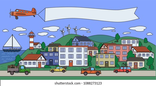 Colorful city image with houses, cars, plane and boat. Copyspace on a plane banner. Flat vector illustration. Cartoon style. Horizontal.