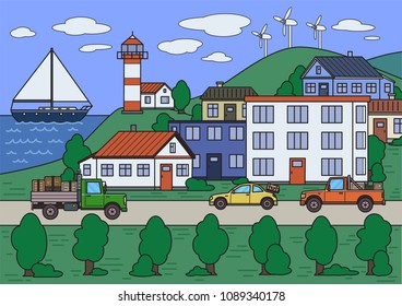 Colorful city image with trees, houses, cars and boat. Flat line vector illustration. Cartoon style. Horizontal.
