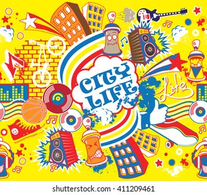 Colorful city life horizontal seamless pattern. Urban city vector illustration