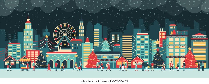 Colorful city with lights at Christmas, people are walking in the street and enjoying together the festive atmosphere at night, holiday and celebration concept