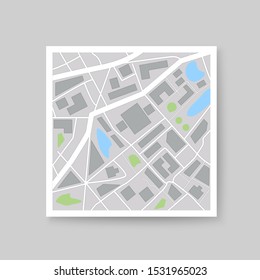 Colorful city map icon template with roads green areas lakes and buildings. Isolated vector illustration