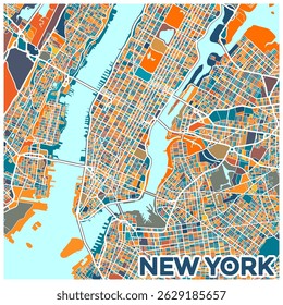 Colorful City Map Of New York, USA. The Map Is Full Of Different Colors And Shapes, Giving It Vibrant And Lively Feel. The Map Is Designed To Showcase The City's Unique Features And Landmarks