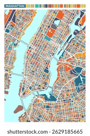 Colorful City Map Of New York. The Map Is Full Of Different Colors And Shapes, Giving It Vibrant And Lively Feel. City Map Of New York, USA.