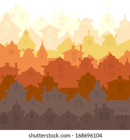 Colorful city scape with european fashioned houses.  Fully editable illustration drawn in vector by hand. 