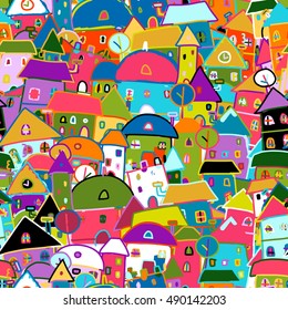 Colorful city, seamless pattern for your design. Vector illustration